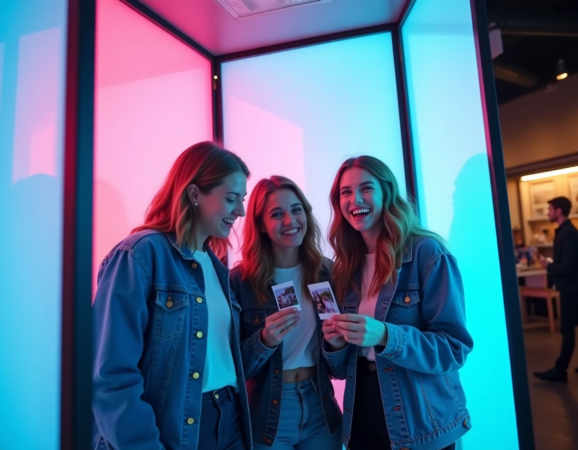 Groupe d'adultes riant dans une borne photomaton immersive avec fond LED personnalisable et bandes photos imprimées lors d'un événement pop-up
