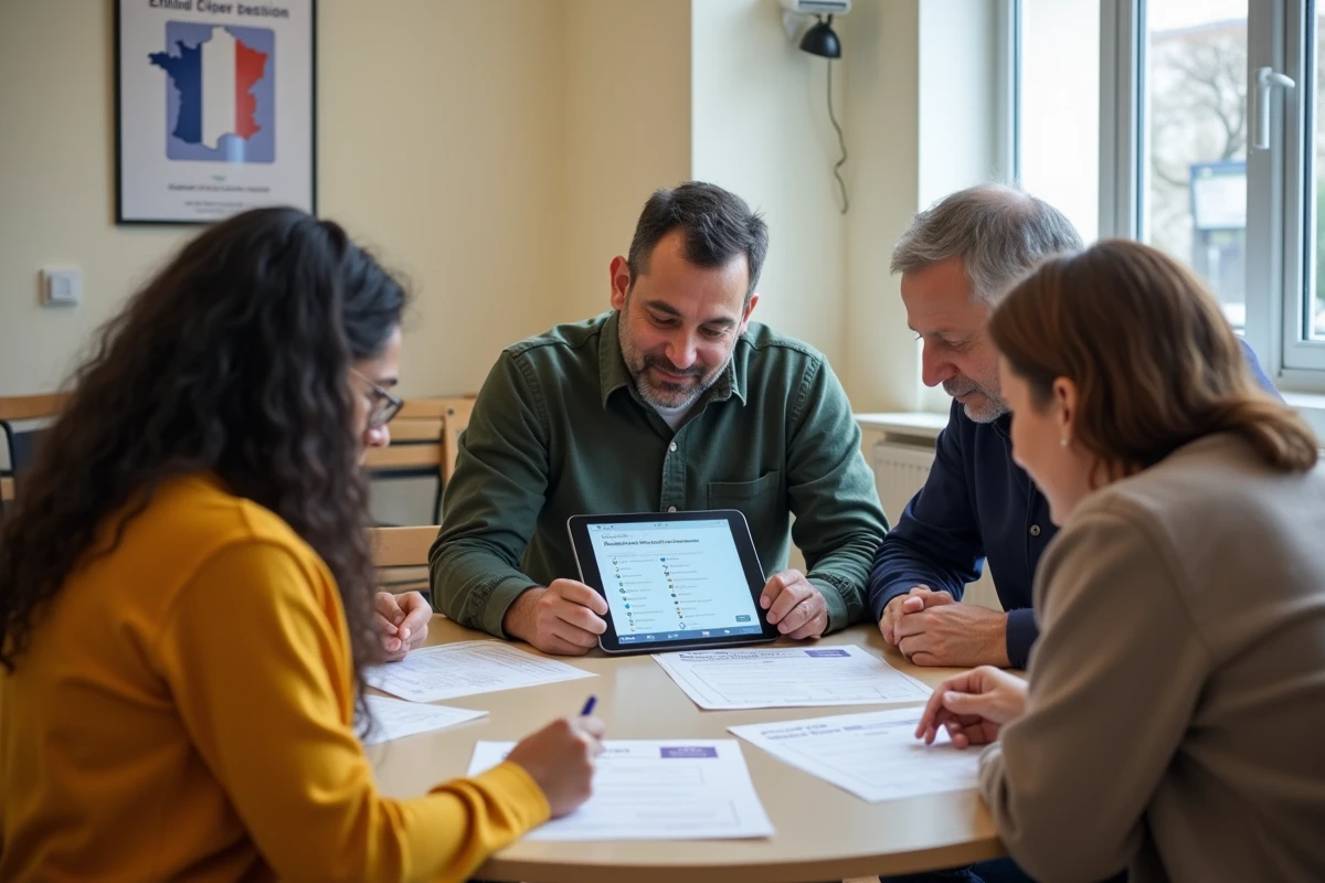 Groupe d'adultes révisant ensemble les 200 questions de naturalisation française dans un centre communautaire