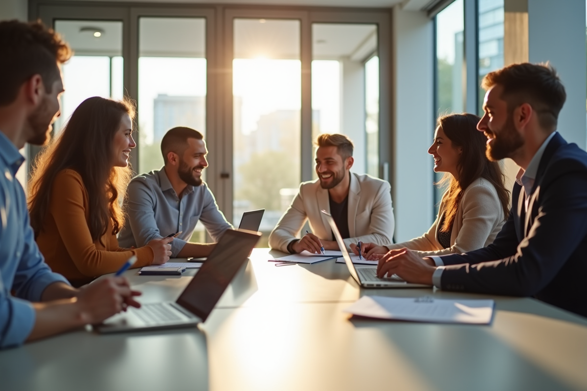 Groupe diversifié travaillant ensemble en réunion lumineuse