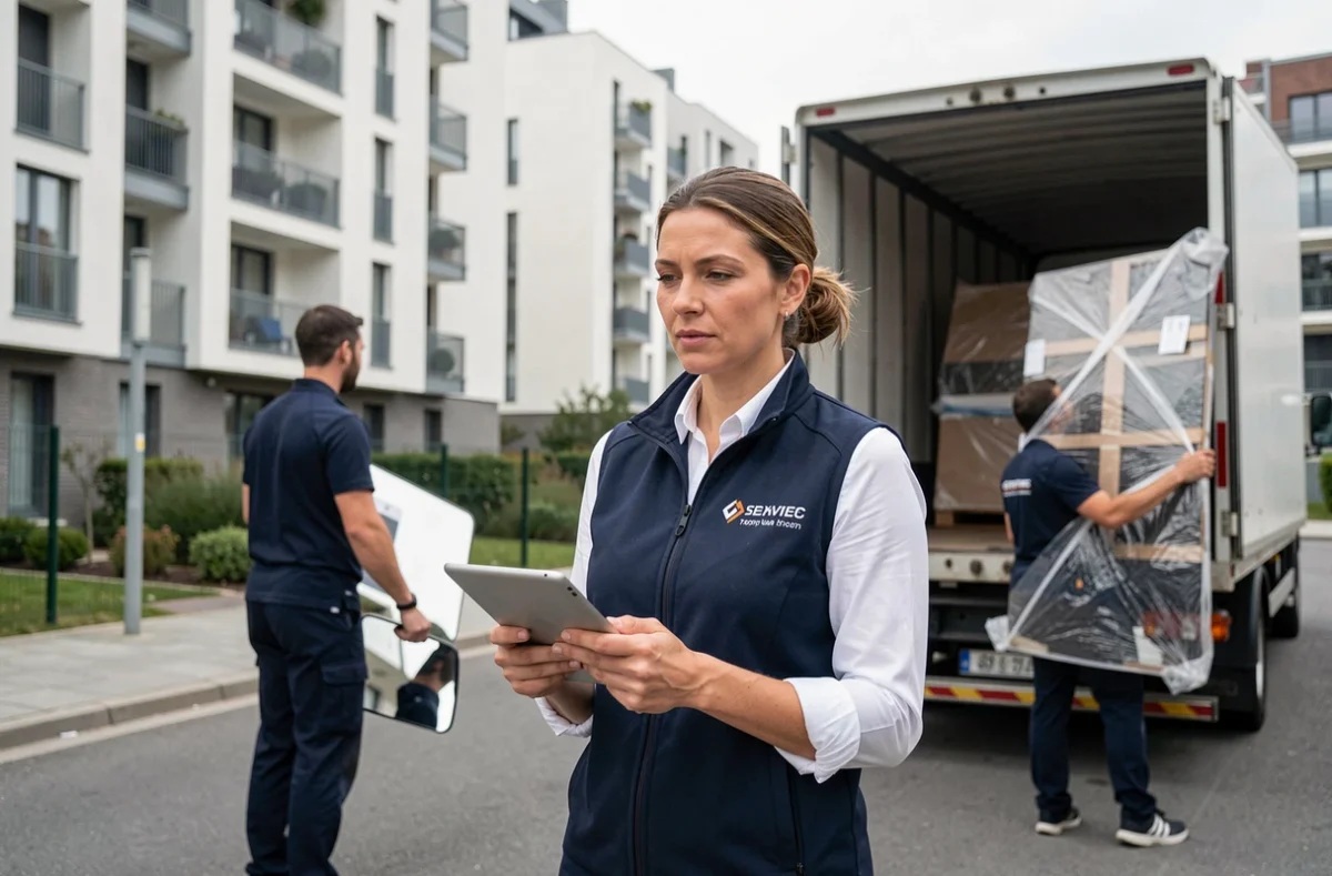 Coordinatrice Hexavia en gilet bleu marine supervisant le chargement d'un camion de déménagement en zone urbaine française