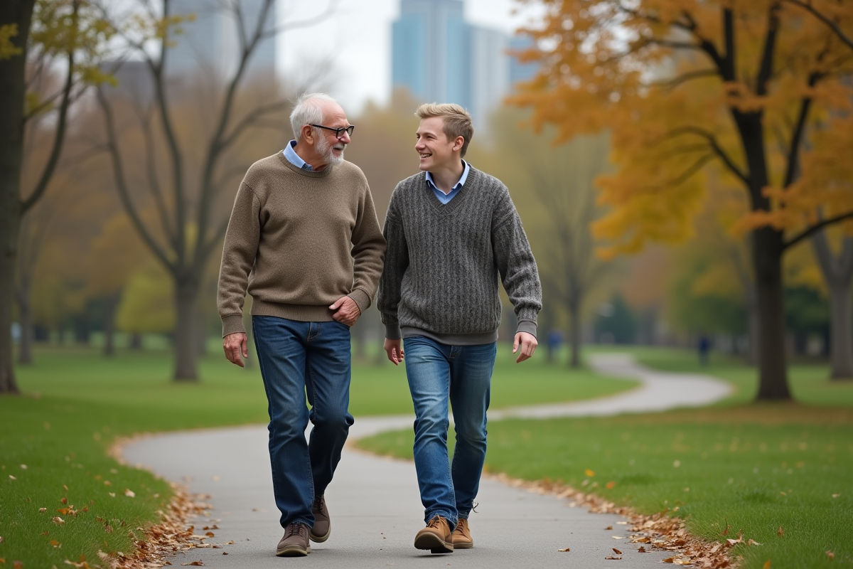 Homme âgé et adolescent marchant dans un parc urbain