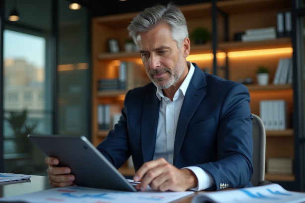 Homme d'affaires en costume bleu analysant des graphiques