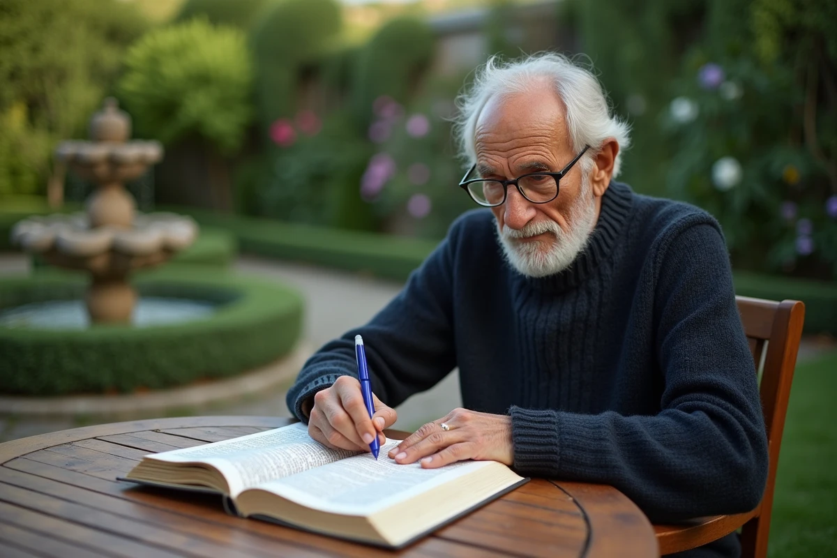 Homme âgé annotant Surat Al Mulk dans un jardin