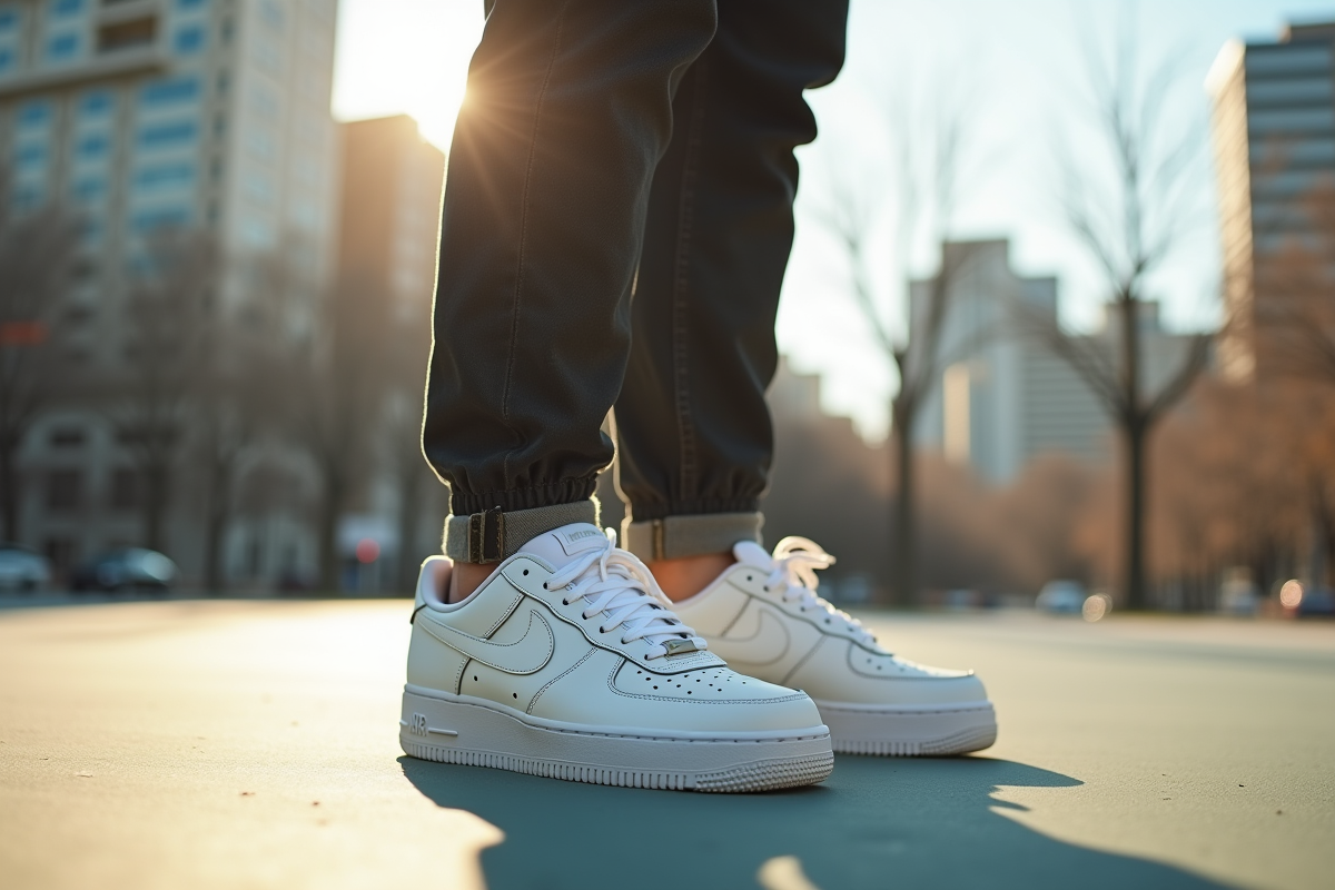 Homme debout sur un terrain de basket urbain avec des Nike Air Force 1