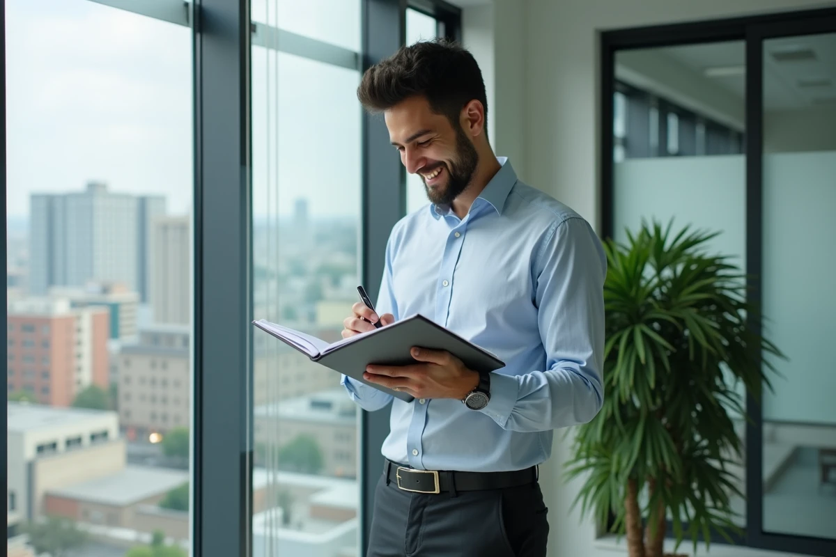 Jeune homme note dates dans un planner au bureau