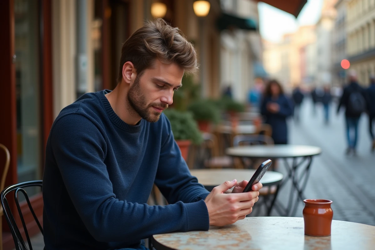 Homme assis en terrasse de café regardant l'heure miroir 13h31 sur son téléphone, moment de réflexion spirituelle