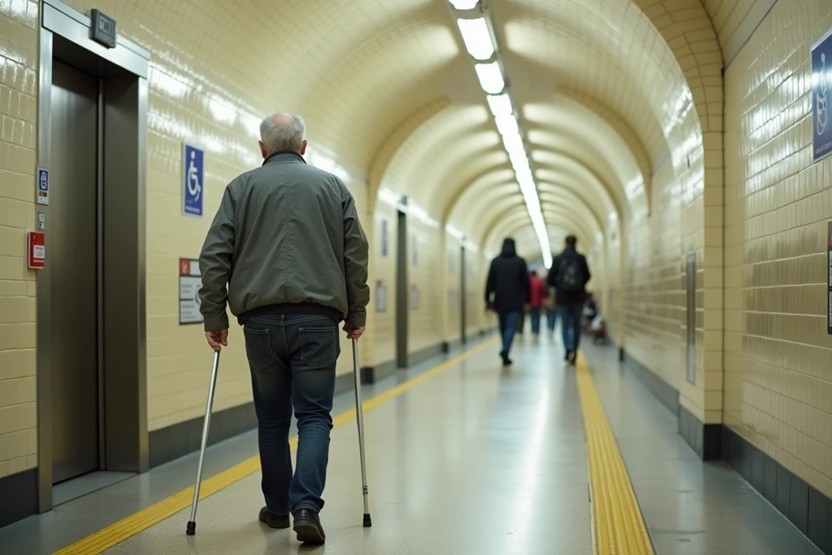 Homme malvoyant avec canne blanche dans un couloir de métro parisien équipé d'un ascenseur et d'une signalétique PMR