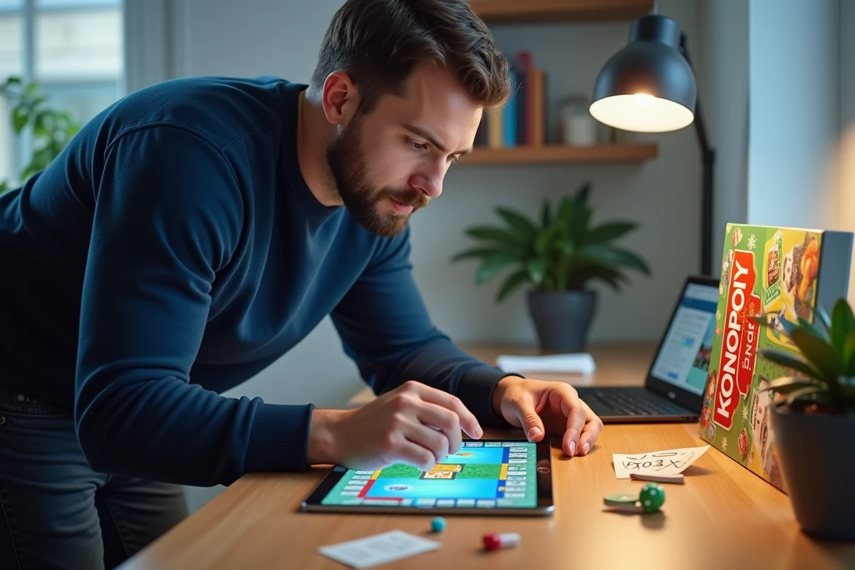 Homme consultant des codes de dés Monopoly GO sur une tablette dans un bureau à domicile avec boîte de jeu Monopoly