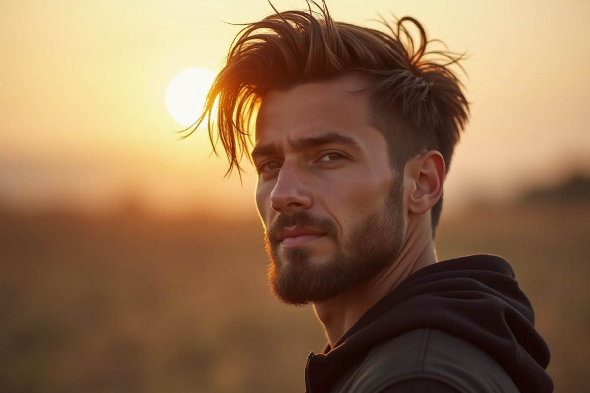 Homme confiant avec coupe mi-longue en lumière dorée en extérieur
