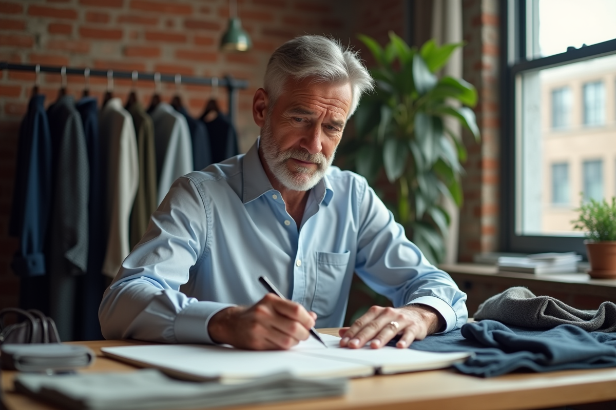 Homme consultant analyse des echantillons de vetements dans un loft