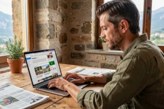 Un homme consulte l'agrégateur de presse corse Annudà sur son ordinateur portable dans un bureau en pierre