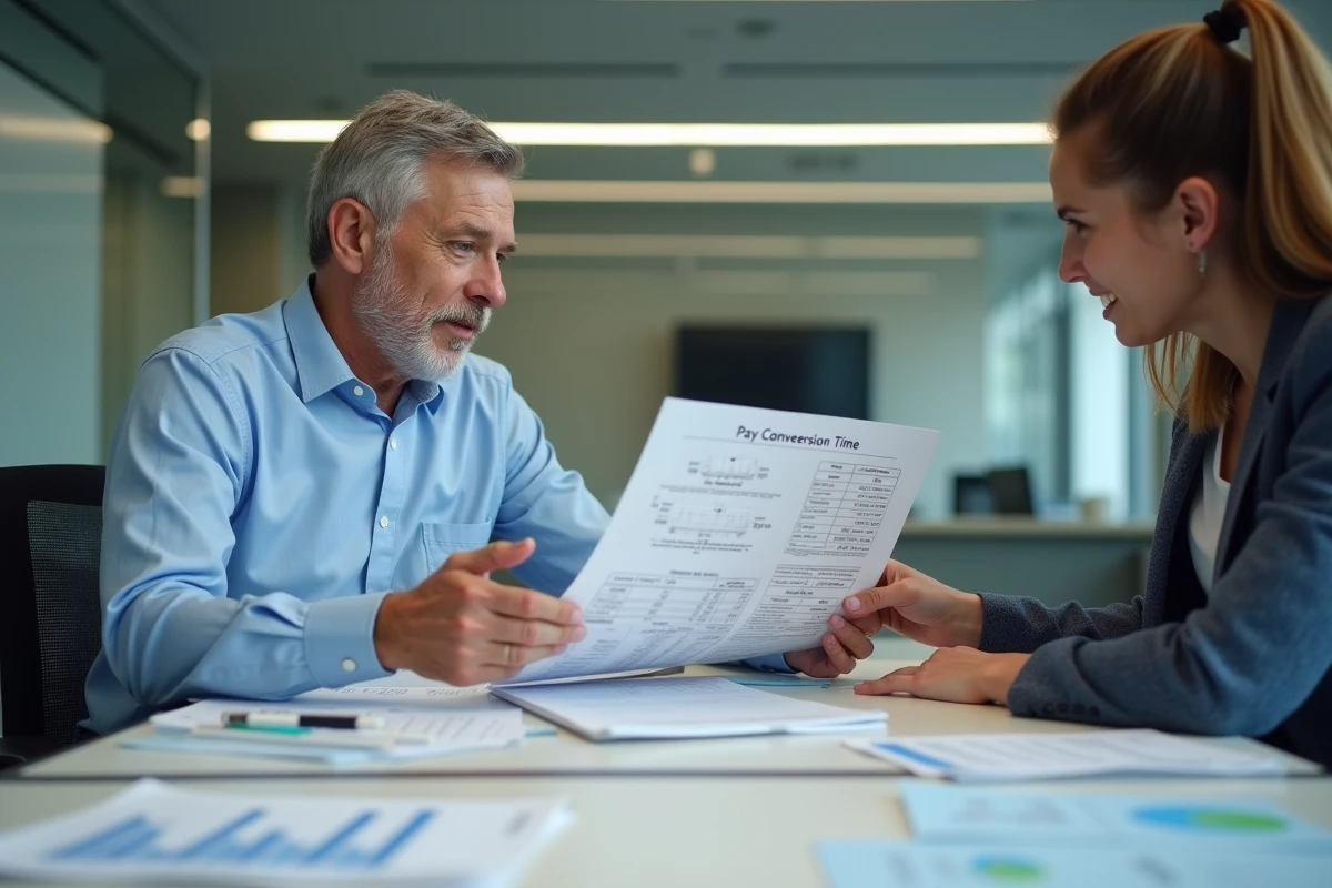 Homme expliquant un tableau de conversion à un collègue