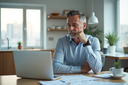 Homme préoccupé devant ses factures et ordinateur dans une cuisine moderne