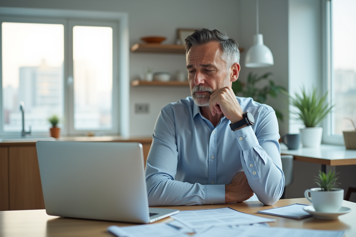Homme préoccupé devant ses factures et ordinateur dans une cuisine moderne