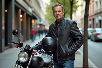 Homme en veste moto urbaine avec casque à côté d'une moto en ville