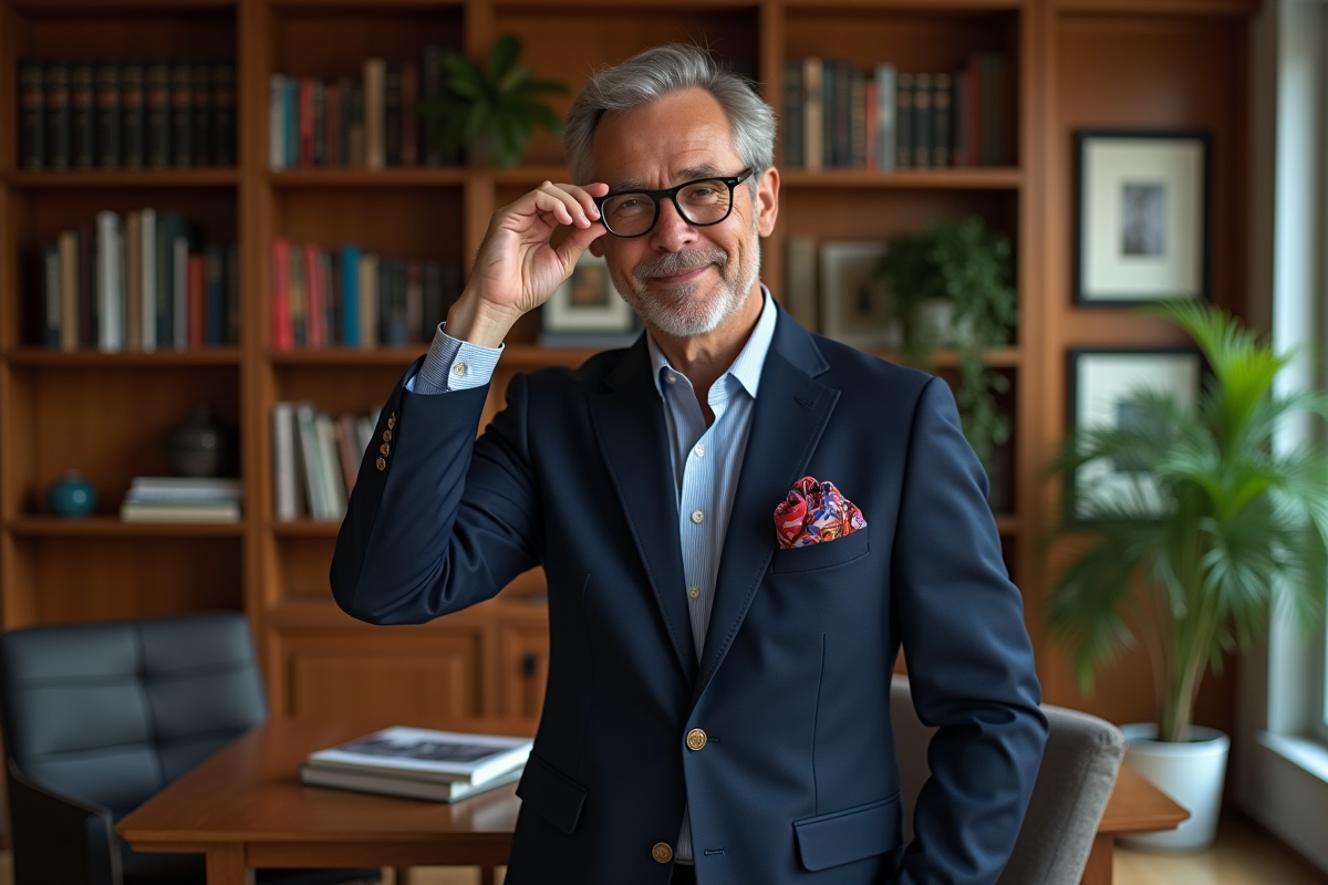 Homme en costume ajustant ses lunettes dans son bureau