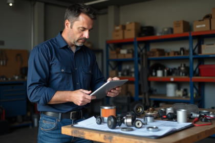 Homme d'âge moyen examinant des pièces auto dans un garage