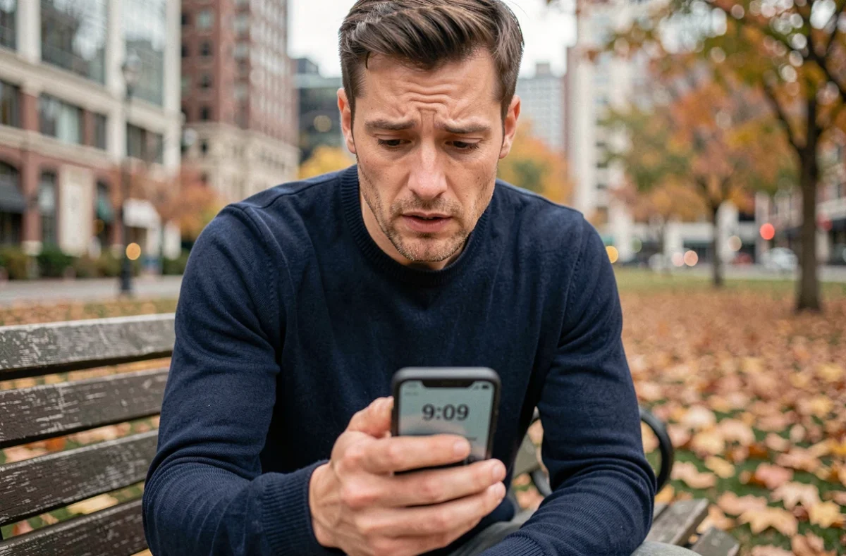 Homme assis dans un parc urbain regardant son téléphone afficher 9h09, moment de réflexion spirituelle lié aux anges gardiens