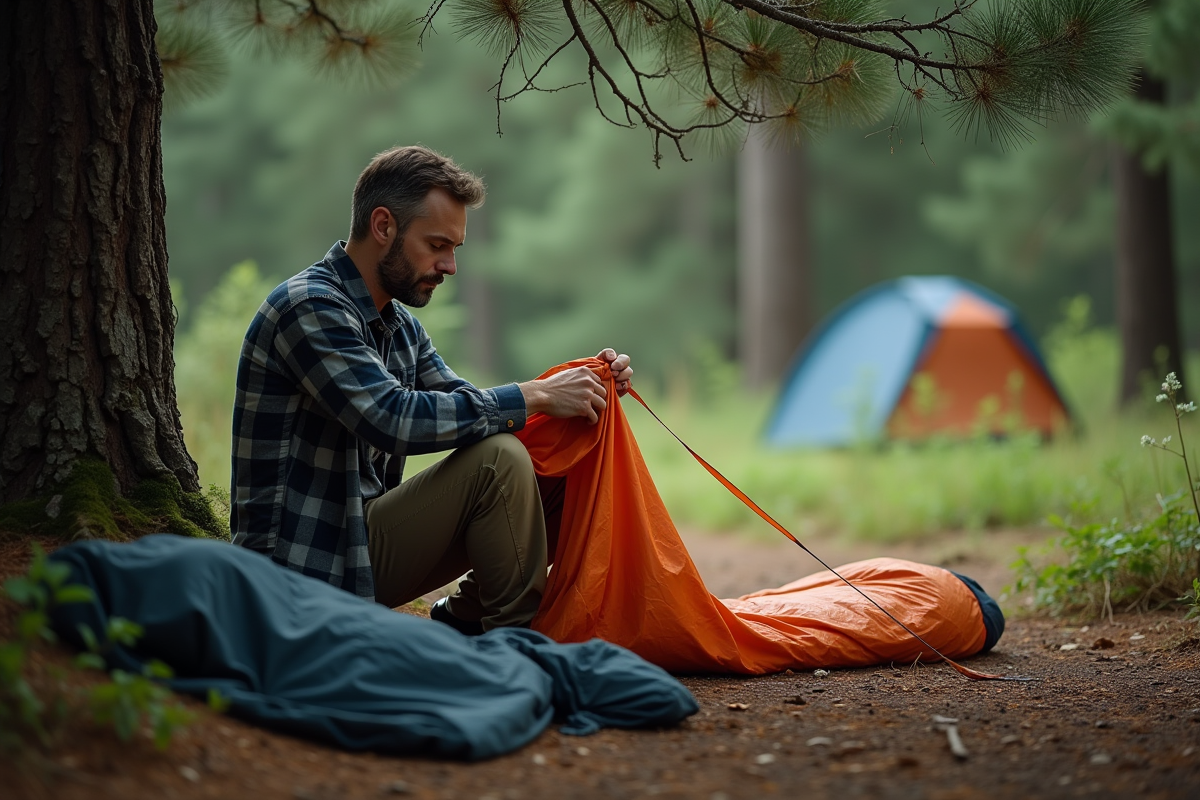 Homme en forêt préparant son sac de couchage pour la nuit