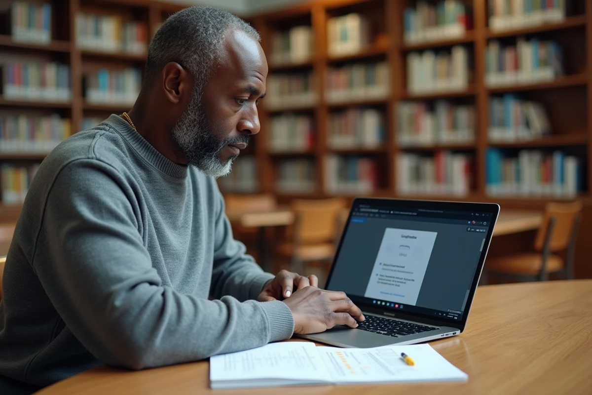 Homme préparant son dossier de naturalisation avec un quiz en ligne et un PDF imprimé à la bibliothèque