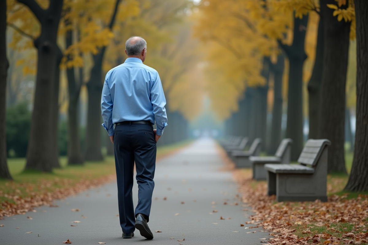 Homme méditatif marchant dans un parc en automne