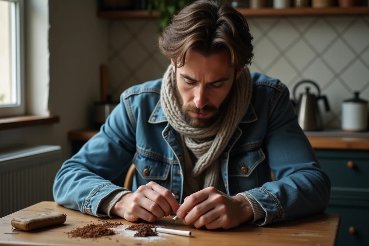 Homme en denim roulant du tabac dans une cuisine française