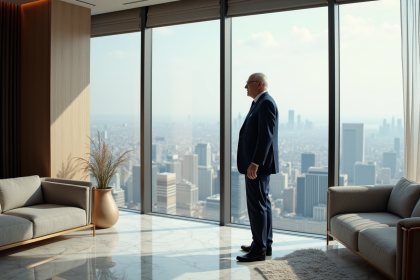 Homme d'âge mûr en costume dans un penthouse luxueux