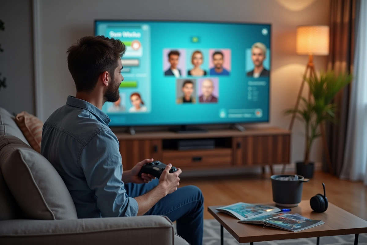 Homme jouant à The Sims 4 sur télévision dans son salon