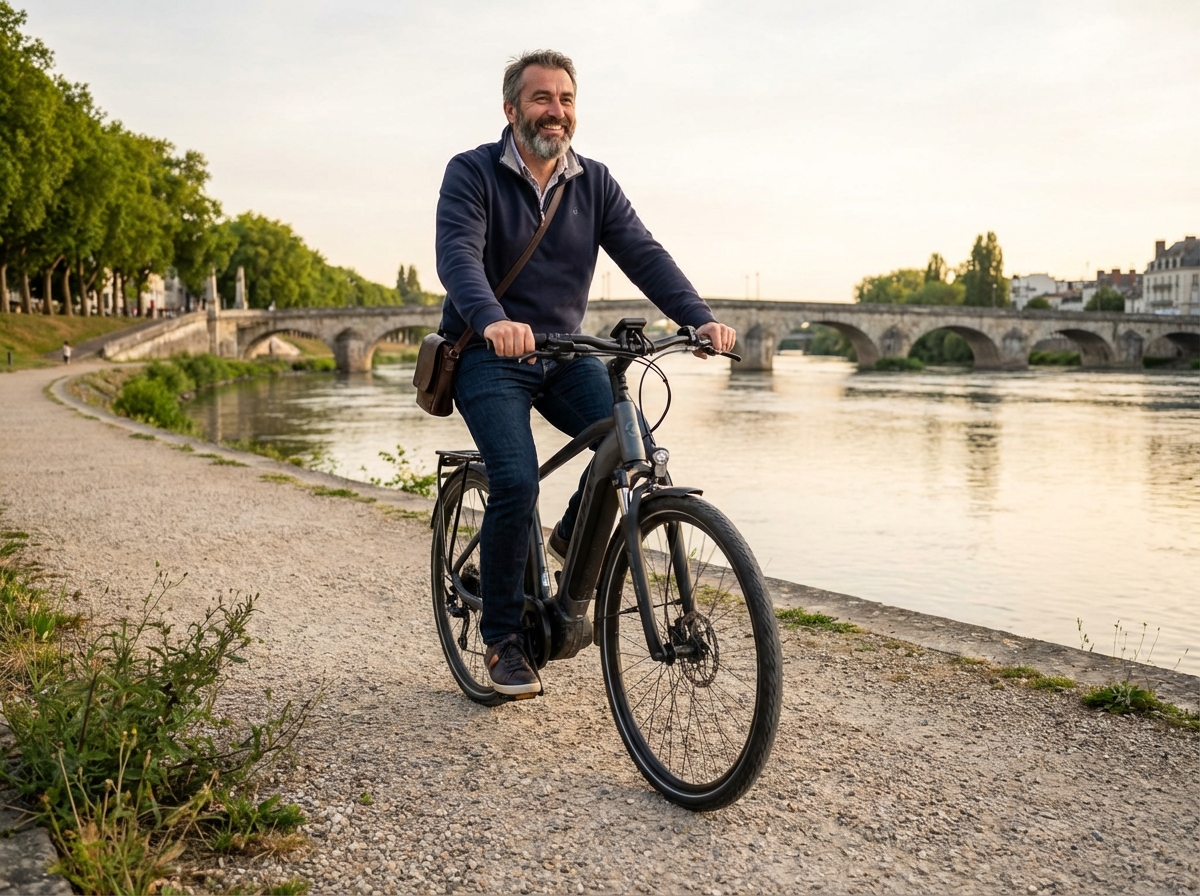 Homme en vélo électrique sur un quai à Tours
