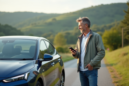 Homme d'âge moyen avec voiture hybride en campagne