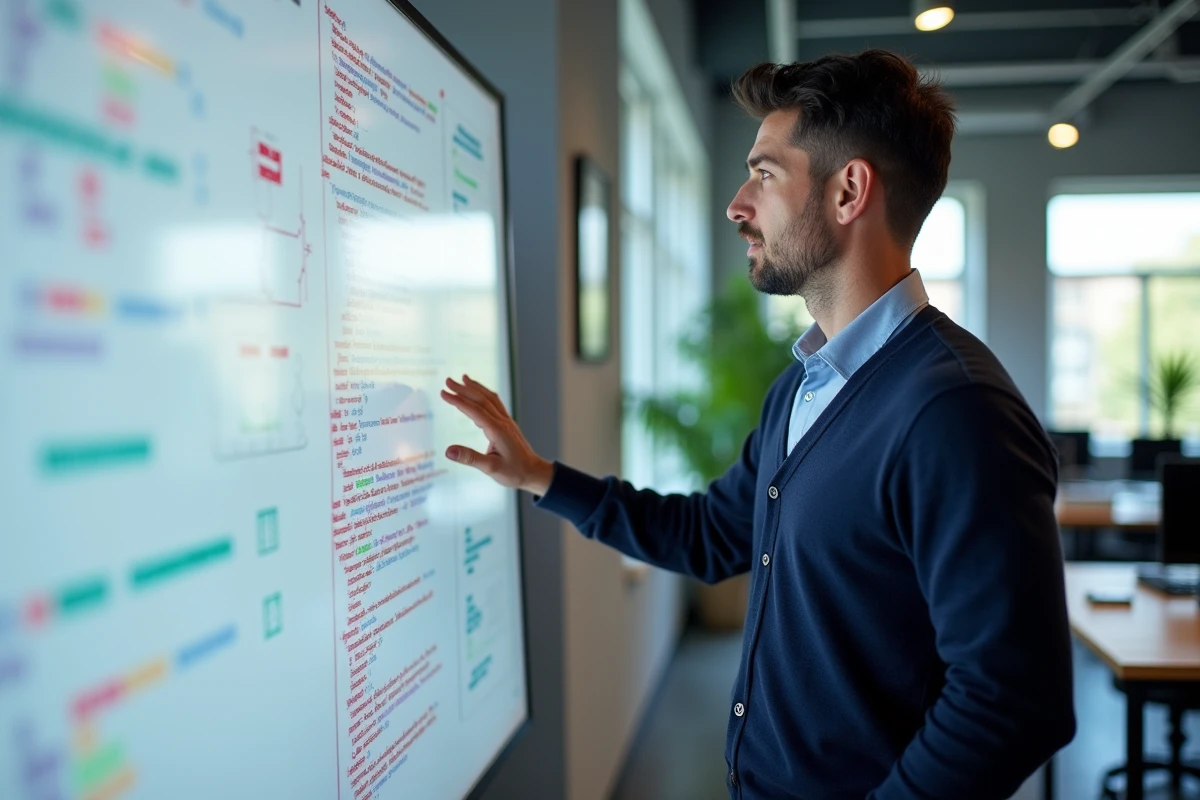 Homme expliquant des diagrammes et code sur un tableau blanc en bureau