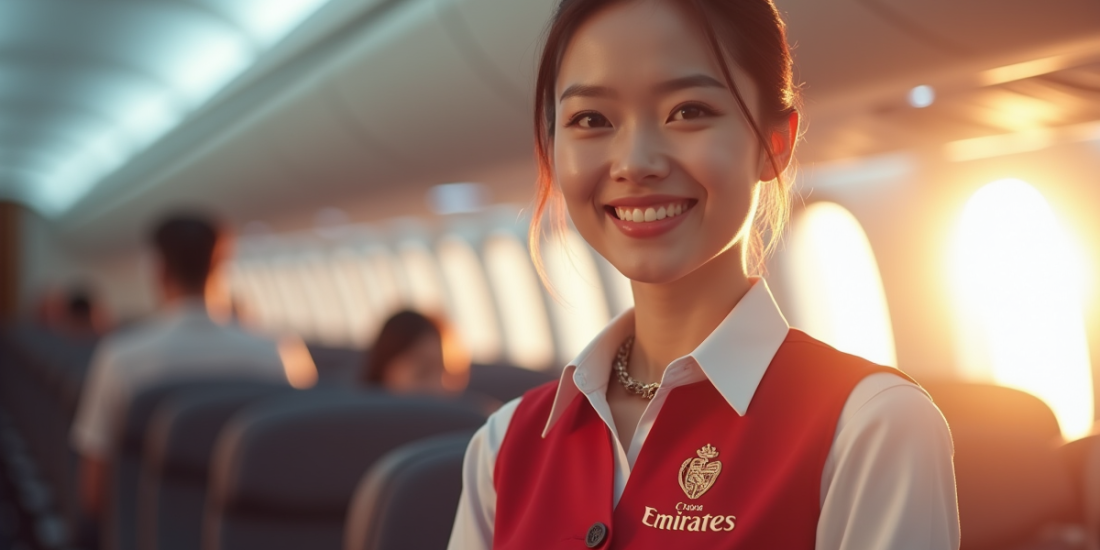 Hôtesse de l'air souriante dans cabine Emirates lumineuse