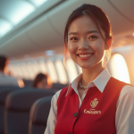 Hôtesse de l'air souriante dans cabine Emirates lumineuse
