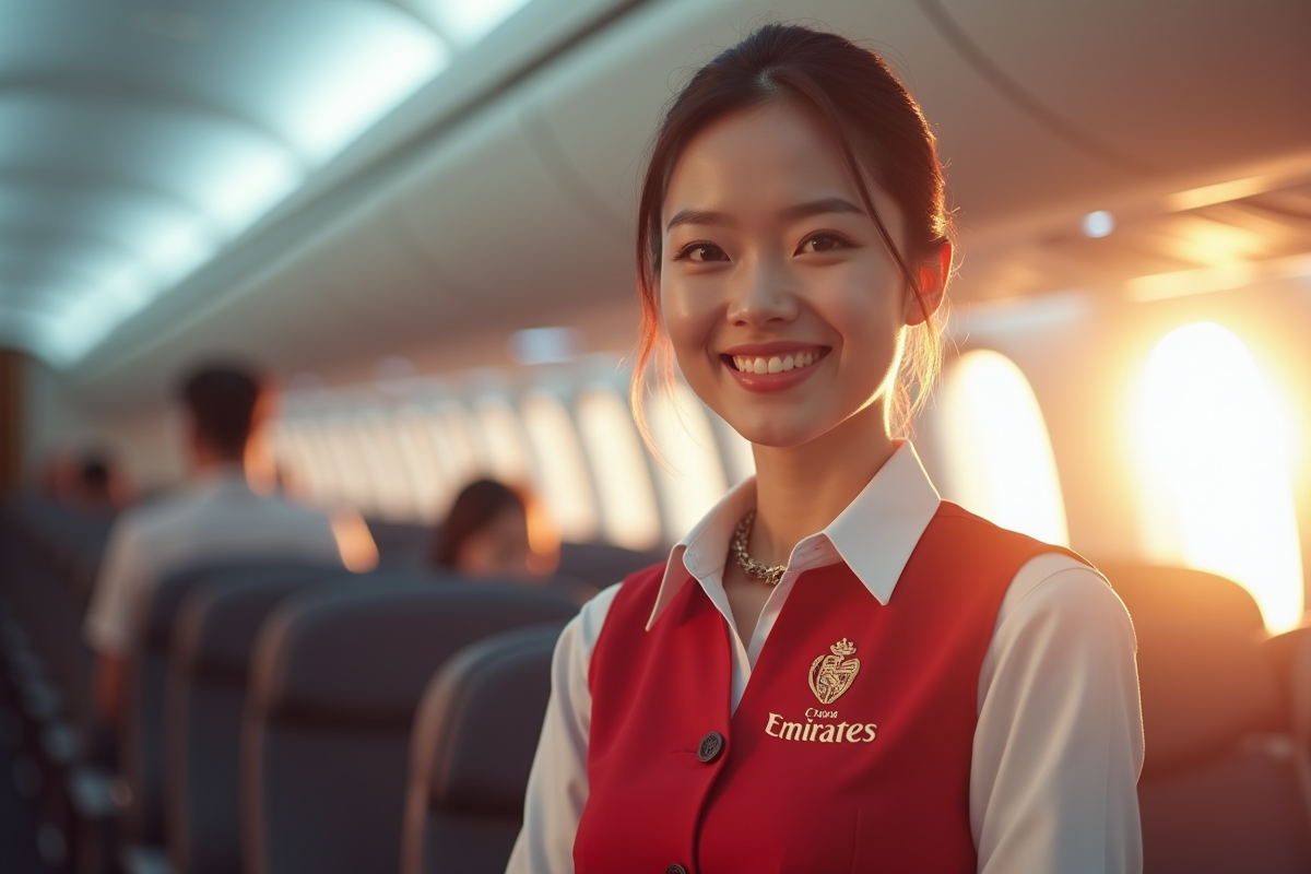 Hôtesse de l'air souriante dans cabine Emirates lumineuse