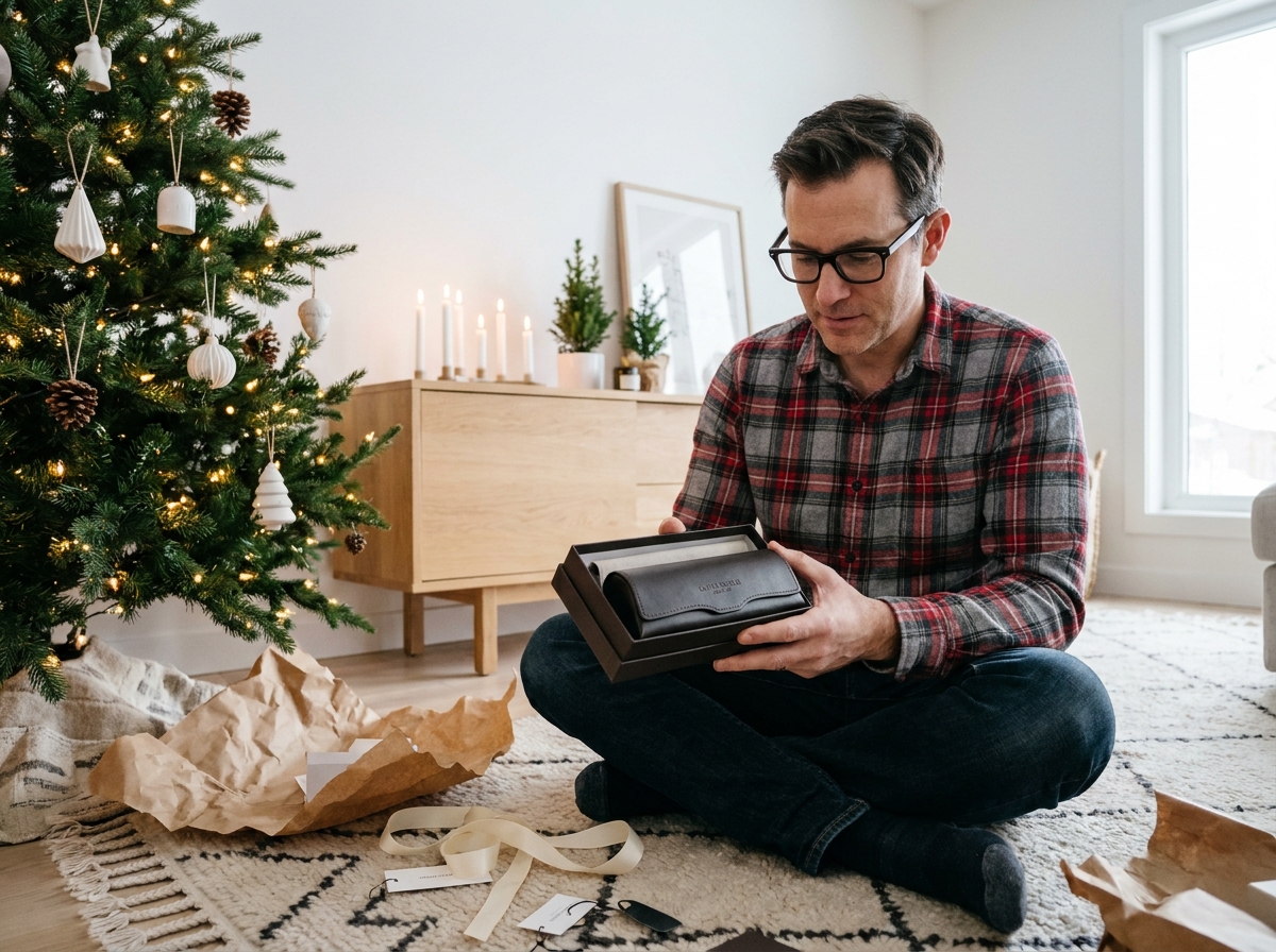 Homme portant des lunettes à monture noire assis près d'un sapin de Noël tenant un étui à lunettes en cuir, décoration scandinave épurée