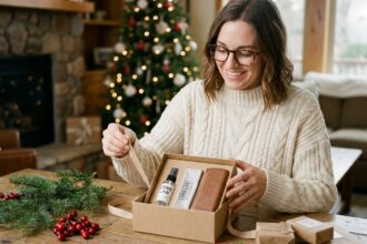 Femme portant des lunettes écailles qui déballe un cadeau de Noël lié aux accessoires pour lunettes, ambiance chaleureuse de salon décoré