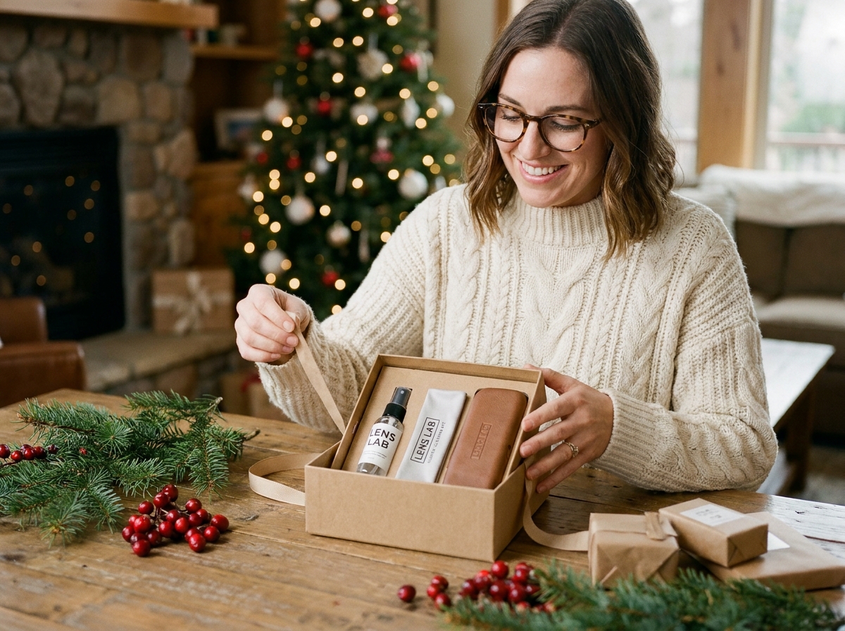 Femme portant des lunettes écailles qui déballe un cadeau de Noël lié aux accessoires pour lunettes, ambiance chaleureuse de salon décoré