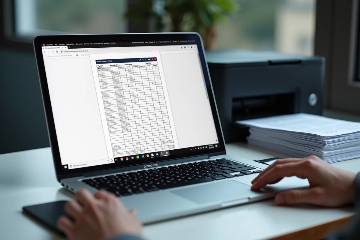 Écran d'ordinateur affichant une grille Yam en PDF prête à imprimer avec une imprimante en arrière-plan