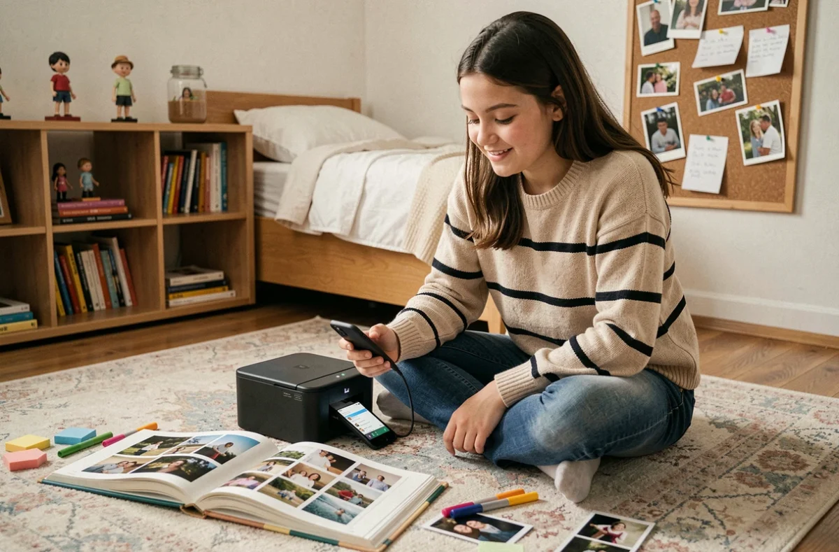 Adolescente imprimant des photos avec une imprimante portable couleur pour son album de scrapbooking dans sa chambre