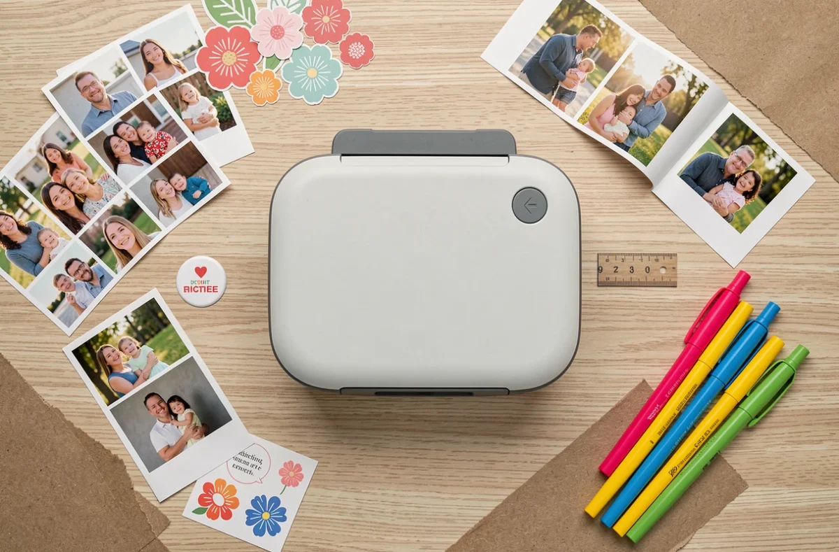 Vue à plat d'une imprimante portable couleur entourée de photos imprimées et de matériaux de scrapbooking sur une table en bois
