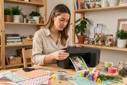 Femme utilisant une imprimante portable couleur pour imprimer des photos dans un atelier de scrapbooking fait maison
