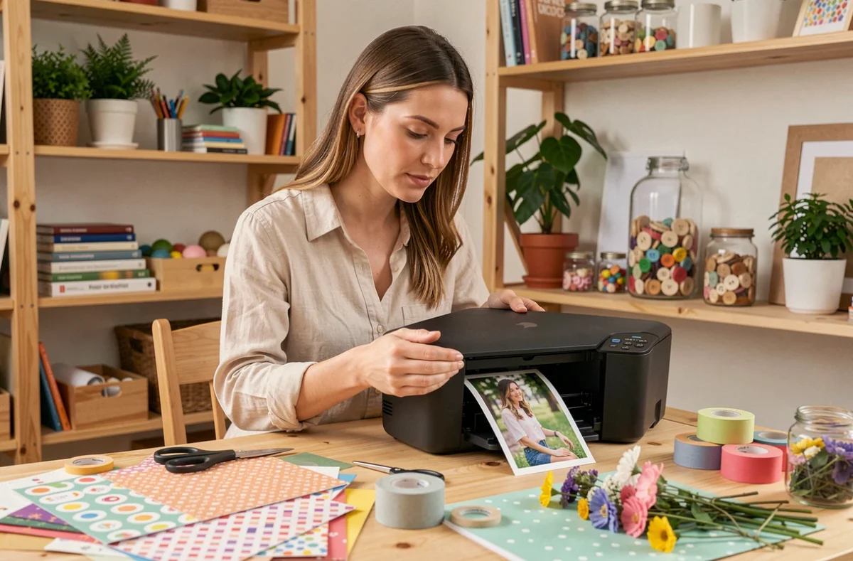 Femme utilisant une imprimante portable couleur pour imprimer des photos dans un atelier de scrapbooking fait maison