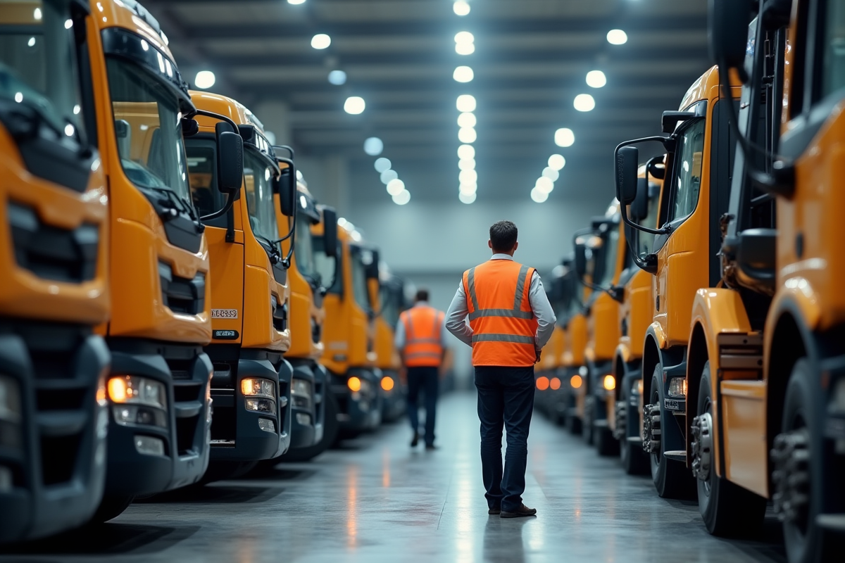 Vendeur inspectant un camion huileur dans un concessionnaire