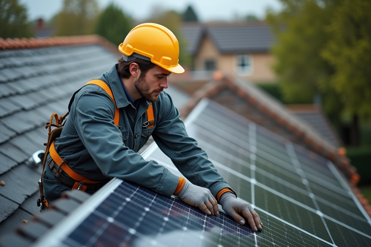 Installateur professionnel examine les supports solaires sur le toit