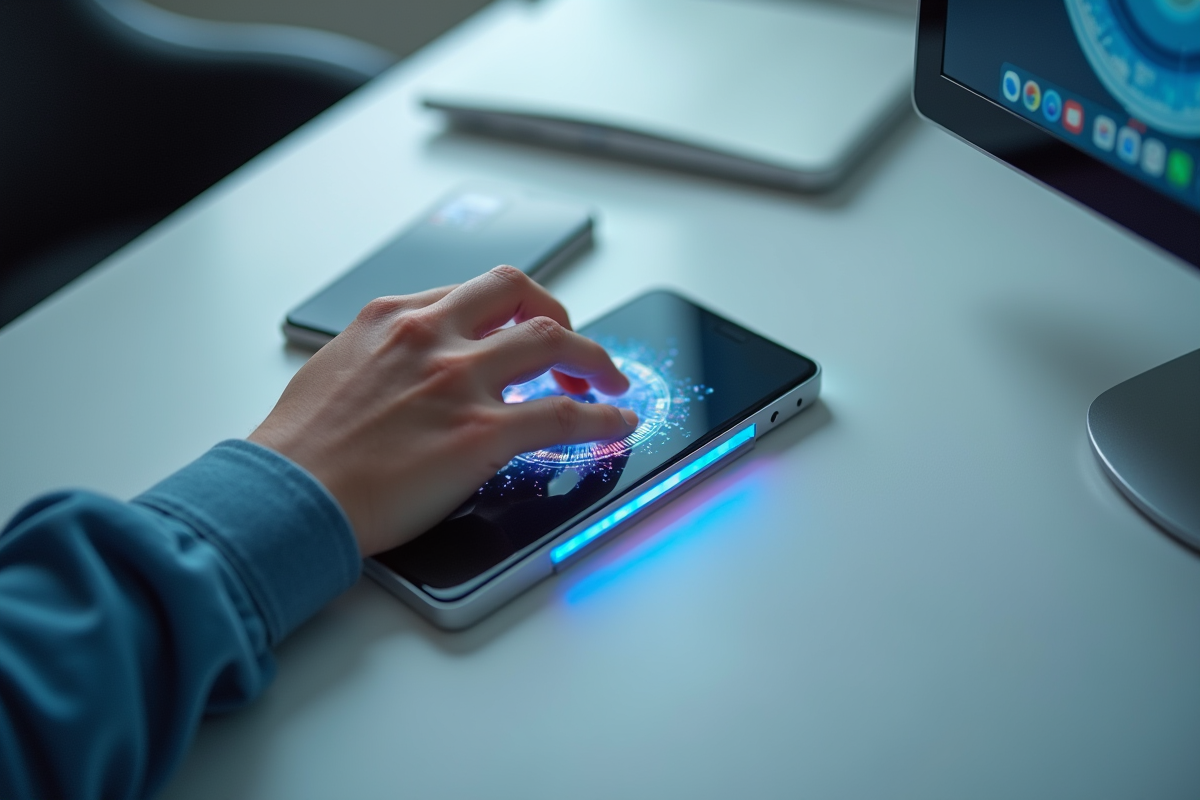 Main manipulant un écran tactile innovant sur un bureau blanc