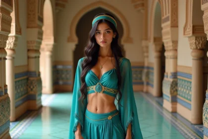 Jeune femme en costume de Jasmine inspiré du dessin animé Disney, posant dans un décor de palais oriental avec des arches en pierre ornementées