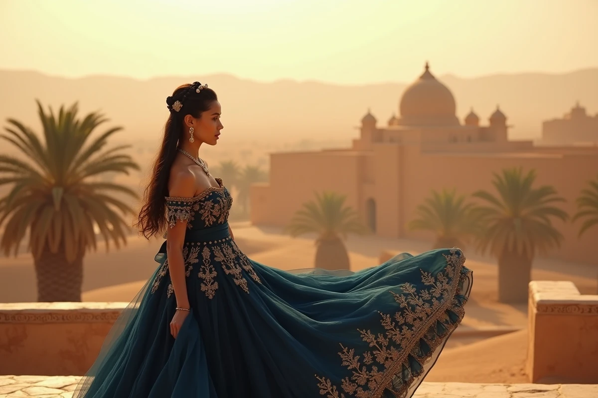 Jeune femme en costume de Jasmine inspiré du remake live-action Disney, debout sur une terrasse en pierre avec un paysage désertique en arrière-plan