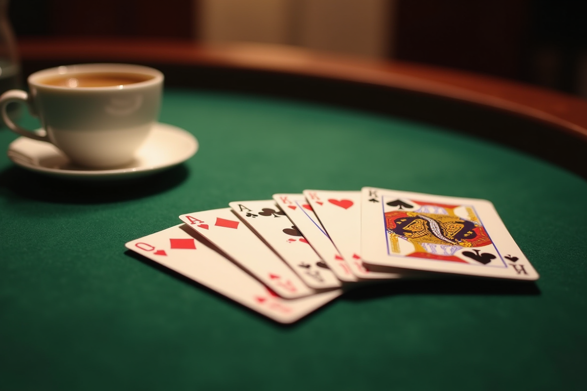 Cartes de belote sur une table verte avec une tasse de café