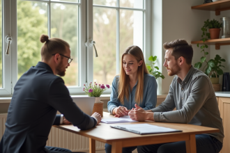 Jeune couple discutant de prêt immobilier avec conseiller