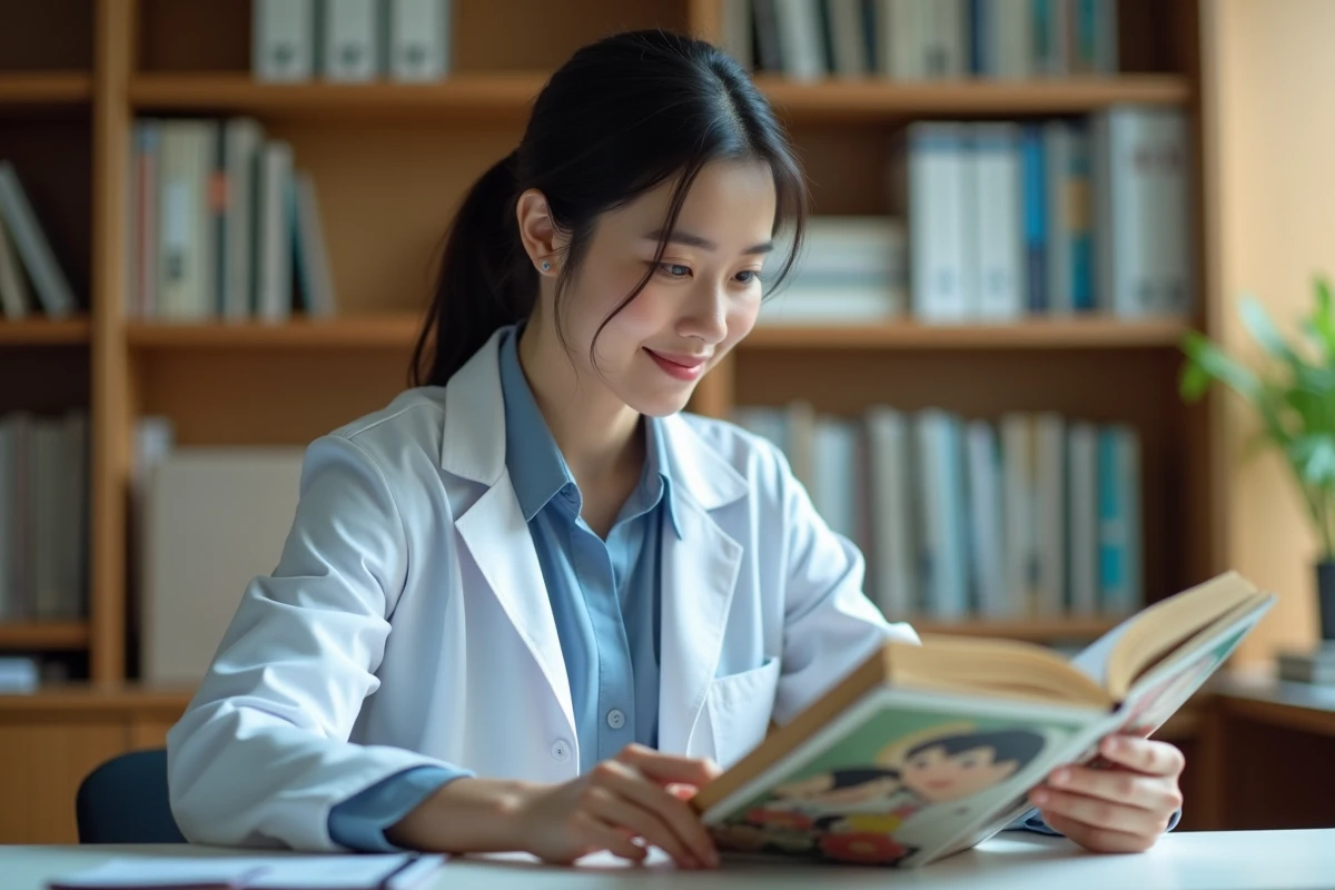 Jeune docteure lisant un manga français dans son bureau